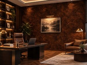 Giấy dán tường giả gỗ óc chó nâu đậm vân nu gỗ trang trí phòng làm việc sk04265