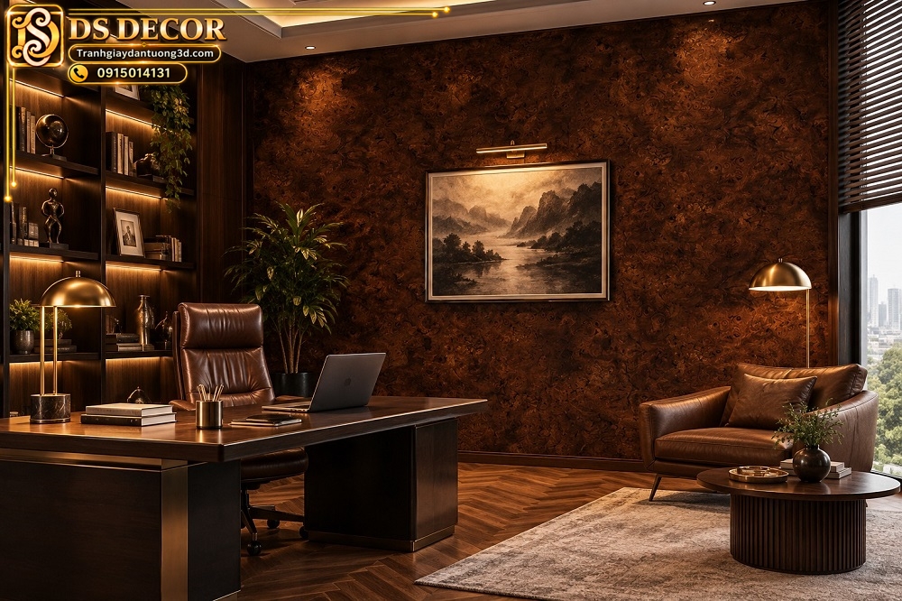 Giấy dán tường giả gỗ óc chó nâu đậm vân nu gỗ trang trí phòng làm việc sk04265