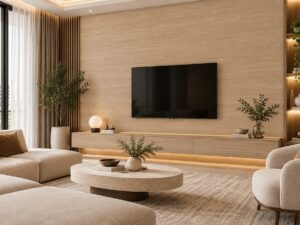 Giấy dán tường giả gỗ sồi sáng vân ngang trang trí phòng khách sk22567