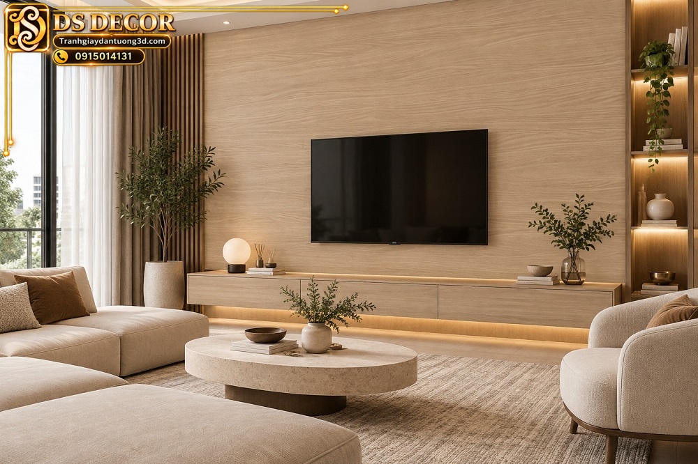 Giấy dán tường giả gỗ sồi sáng vân ngang trang trí phòng khách sk22567