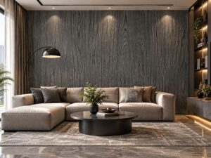 Giấy dán tường giả gỗ xám đen vân dọc trang trí phòng khách sk04194