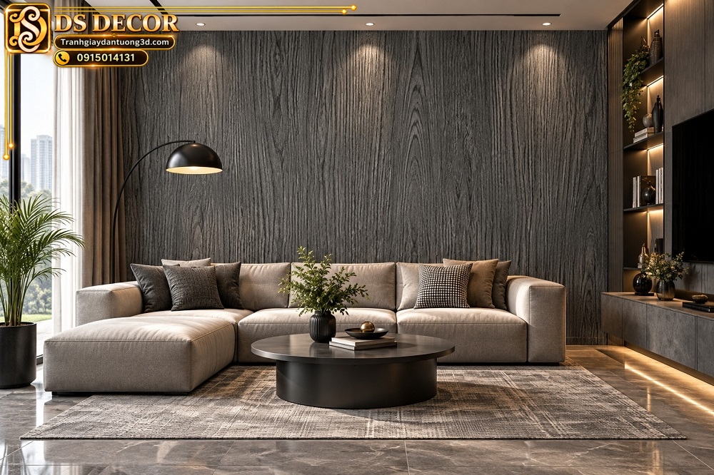 Giấy dán tường giả gỗ xám đen vân dọc trang trí phòng khách sk04194