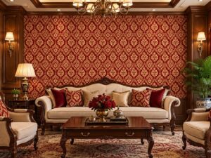 Giấy dán tường hoa văn damask đỏ vàng sang trọng phòng khách ca131020261