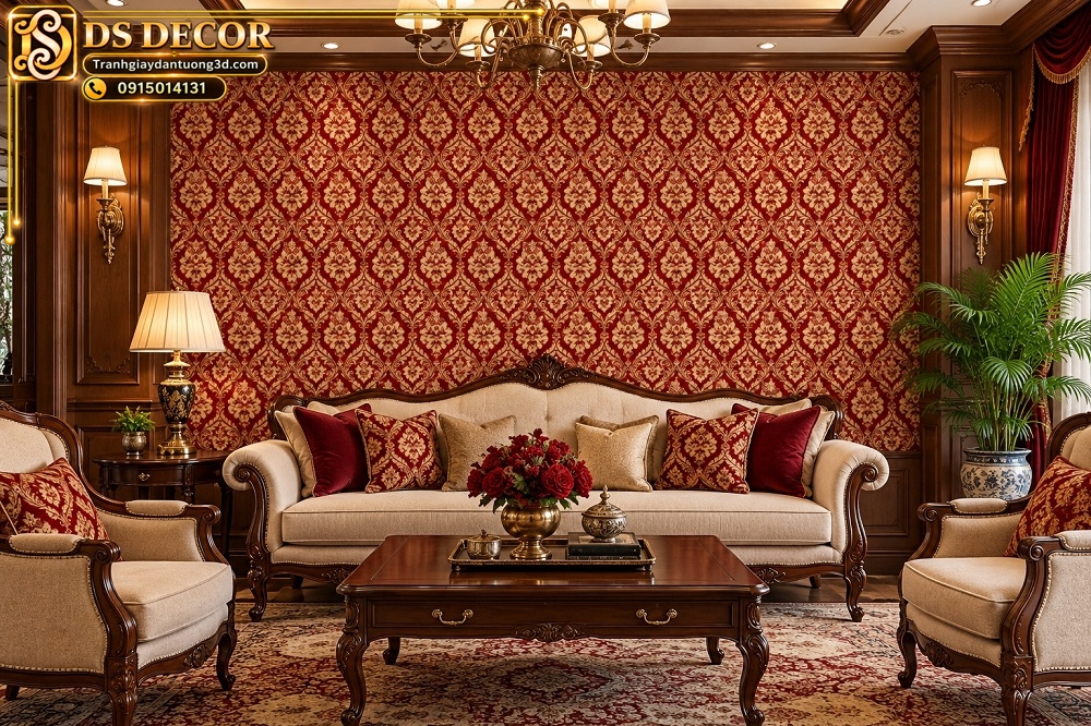 Giấy dán tường hoa văn damask đỏ vàng sang trọng phòng khách ca131020261