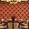 Giấy dán tường hoa văn hoa sen đỏ kem damask cổ điển trang trí phòng ăn sk10952