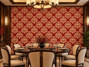 Giấy dán tường hoa văn hoa sen đỏ kem damask cổ điển trang trí phòng ăn sk10952