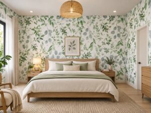 Giấy dán tường lá xanh màu pastel phong cách thiên nhiên cho phòng ngủ sk22421