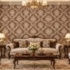 Giấy dán tường phòng khách hoa văn damask nâu cà phê phối kem cổ điển sk10915