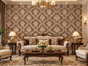 Giấy dán tường phòng khách hoa văn damask nâu cà phê phối kem cổ điển sk10915