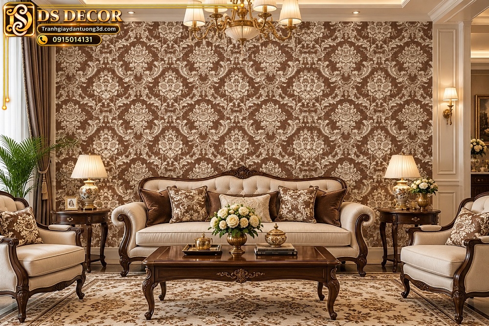 Giấy dán tường phòng khách hoa văn damask nâu cà phê phối kem cổ điển sk10915