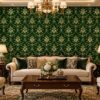 Giấy dán tường phòng khách hoa văn damask xanh lá đậm phối vàng sang trọng sk19428