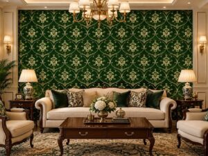 Giấy dán tường phòng khách hoa văn damask xanh lá đậm phối vàng sang trọng sk19428