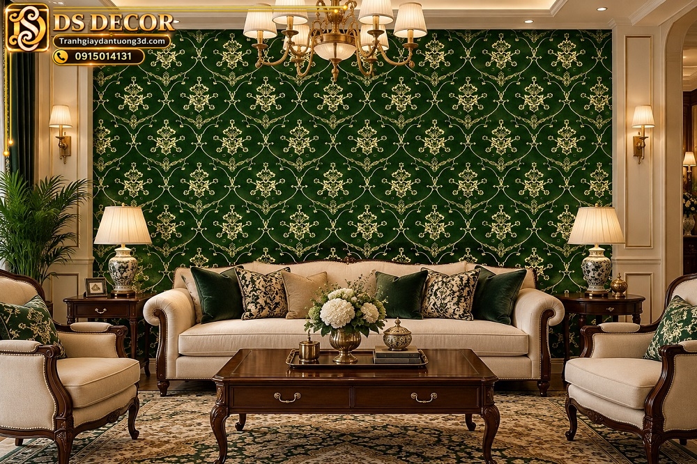 Giấy dán tường phòng khách hoa văn damask xanh lá đậm phối vàng sang trọng sk19428