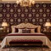 Giấy dán tường phòng ngủ hoa văn damask đỏ rượu vang phối vàng kem sang trọng sk19429