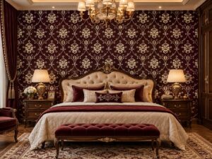 Giấy dán tường phòng ngủ hoa văn damask đỏ rượu vang phối vàng kem sang trọng sk19429