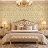 Giấy dán tường phòng ngủ hoa văn damask vàng kem ánh kim sang trọng sk10982