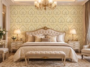 Giấy dán tường phòng ngủ hoa văn damask vàng kem ánh kim sang trọng sk10982