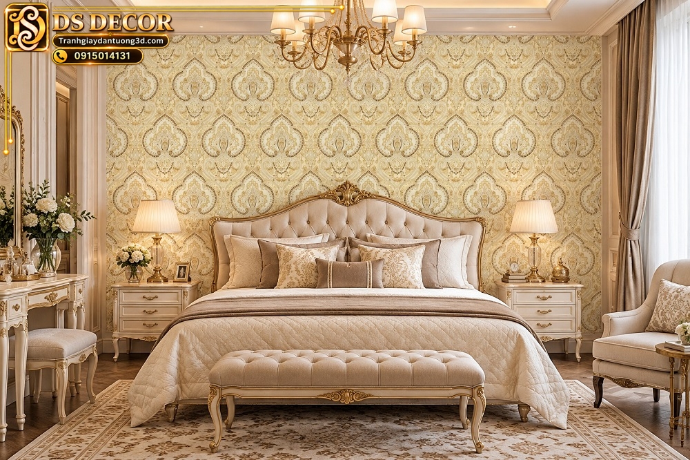 Giấy dán tường phòng ngủ hoa văn damask vàng kem ánh kim sang trọng sk10982