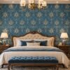 Giấy dán tường phòng ngủ hoa văn damask xanh teal phối vàng sang trọng sk19426