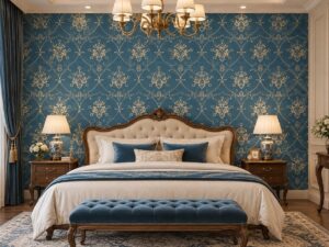 Giấy dán tường phòng ngủ hoa văn damask xanh teal phối vàng sang trọng sk19426