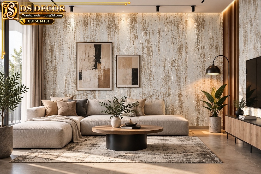 Giấy dán tường trắng kem hiệu ứng gỉ sét trang trí phòng khách sk21860
