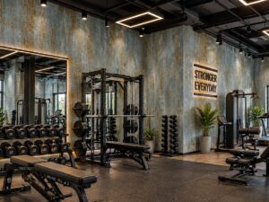 Giấy dán tường xanh xám hiệu ứng gỉ sét trang trí xung quanh phòng gym sk21861