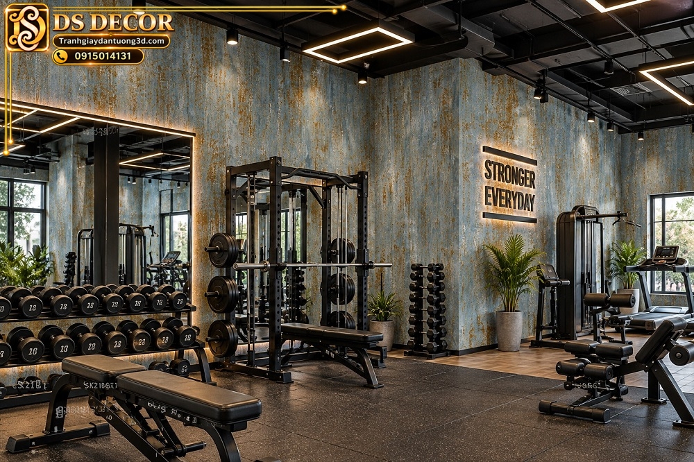 Giấy dán tường xanh xám hiệu ứng gỉ sét trang trí xung quanh phòng gym sk21861